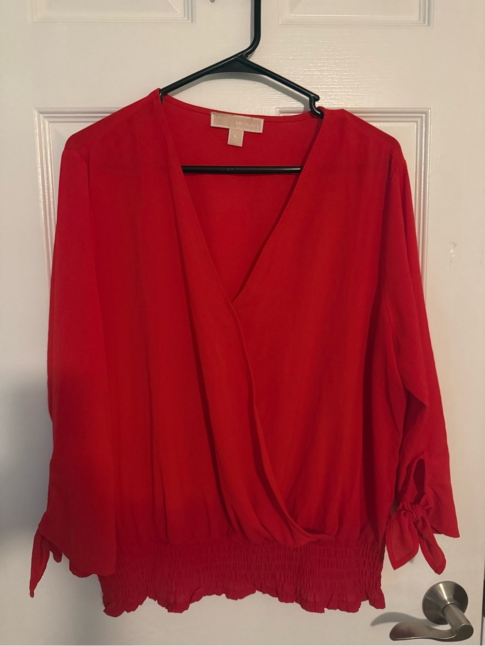 Michael Kors Red Wrap-Front Blouse with Tie Sleeves - Picture 2 of 8
